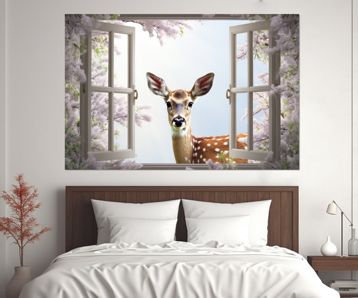 Baby Deer At Blossom Window Spring Garden View Nursery Decor Poster