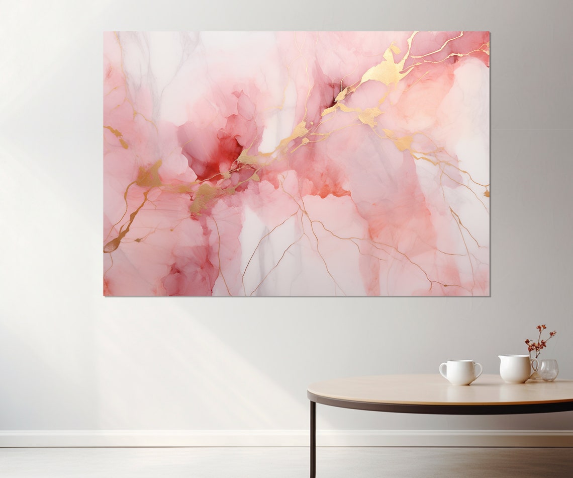 Blush Pink Marble Gold Veins Triptych Abstract Modern Elegant Poster - Image 2