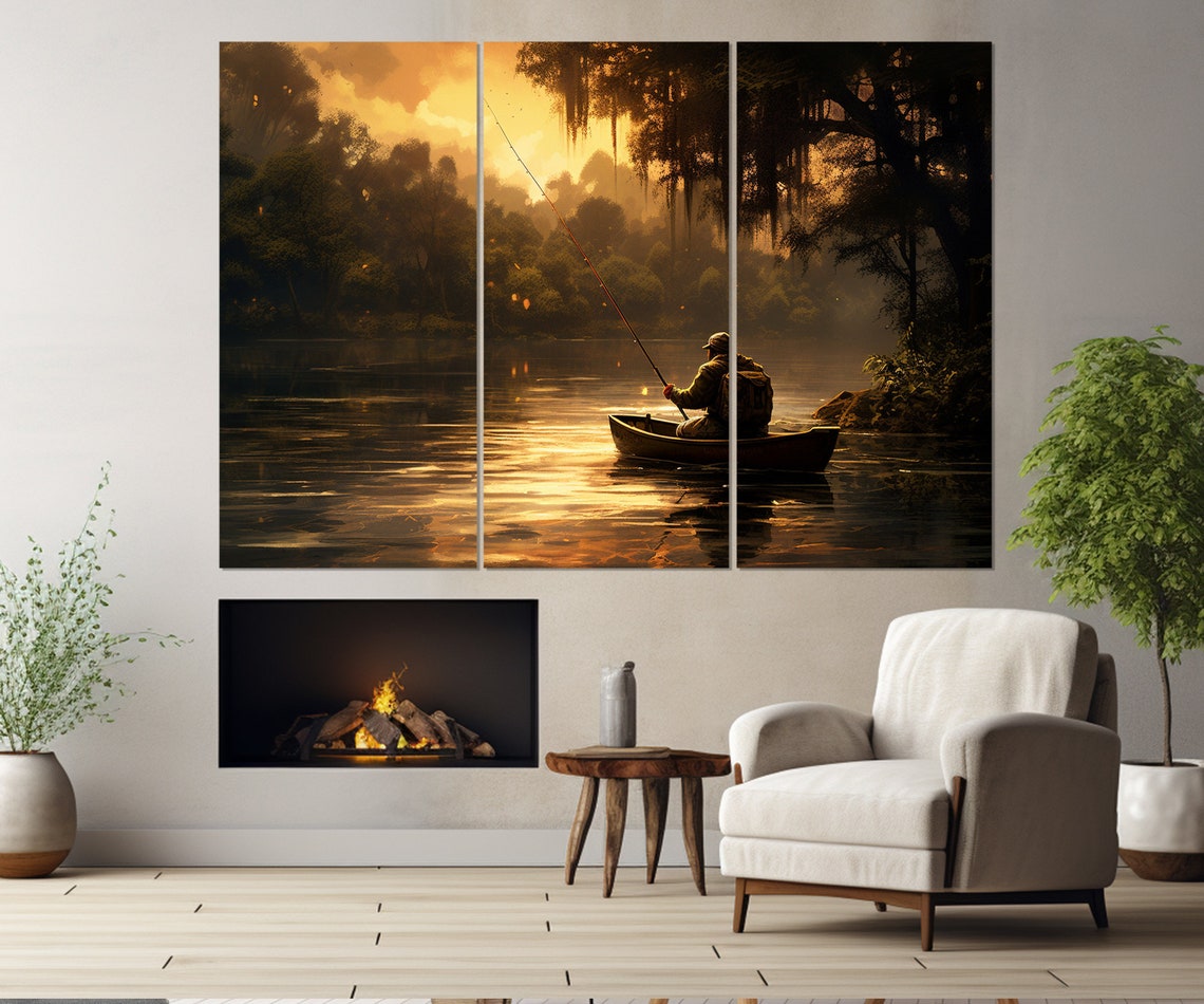 Fishing Boat On Lake Painting Print Fishing Wall Art Fisherman In Boat Poster Fisherman Gift Framed And Ready To Hang - Image 2