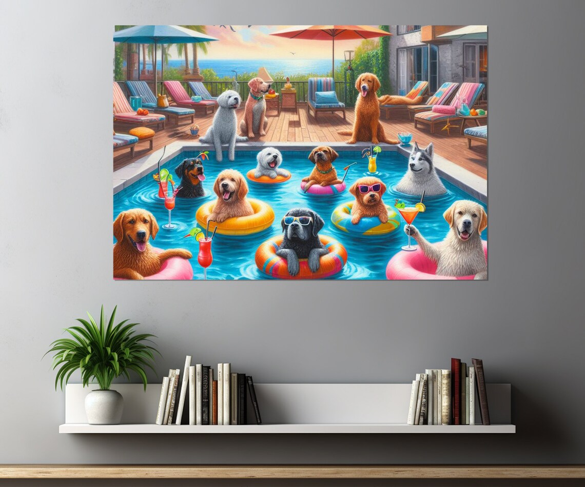Dogs Pool Party Abstract Pets Bathroom Wall Art Print - Image 3