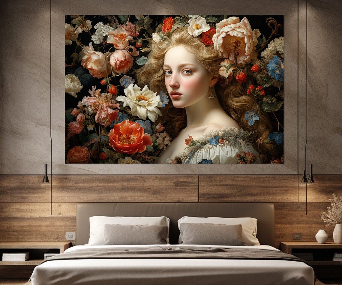 Medieval Floral Portrait Woman Dark Botanical Renaissance Art Print - Image 2