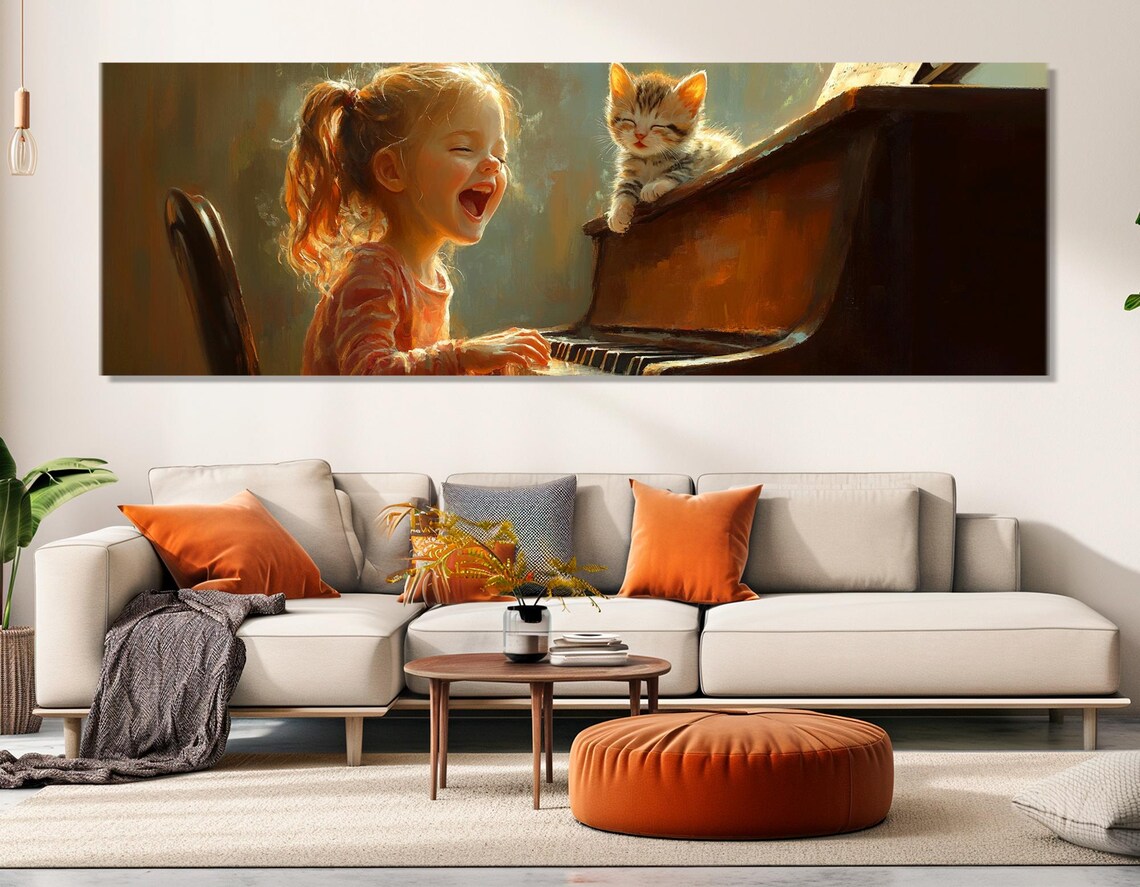 Laughing Little Girl Playing Piano With Kitten Warm Nostalgic Art Poster