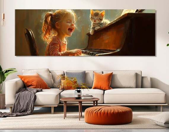 Laughing Little Girl Playing Piano With Kitten Warm Nostalgic Art Poster