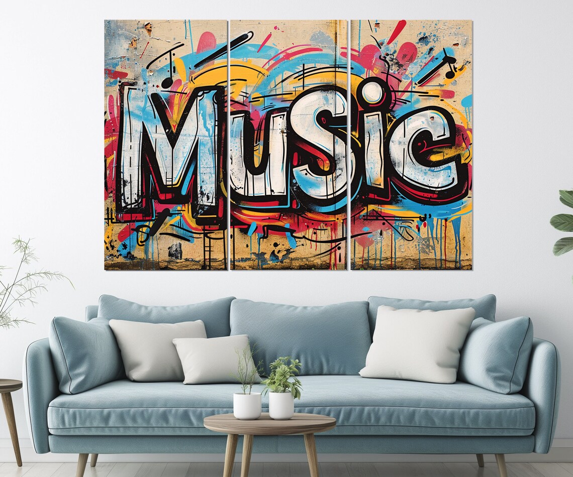 Music Graffiti Lettering Colorful Urban Street Art Style Distressed Wall Art Print - Image 2