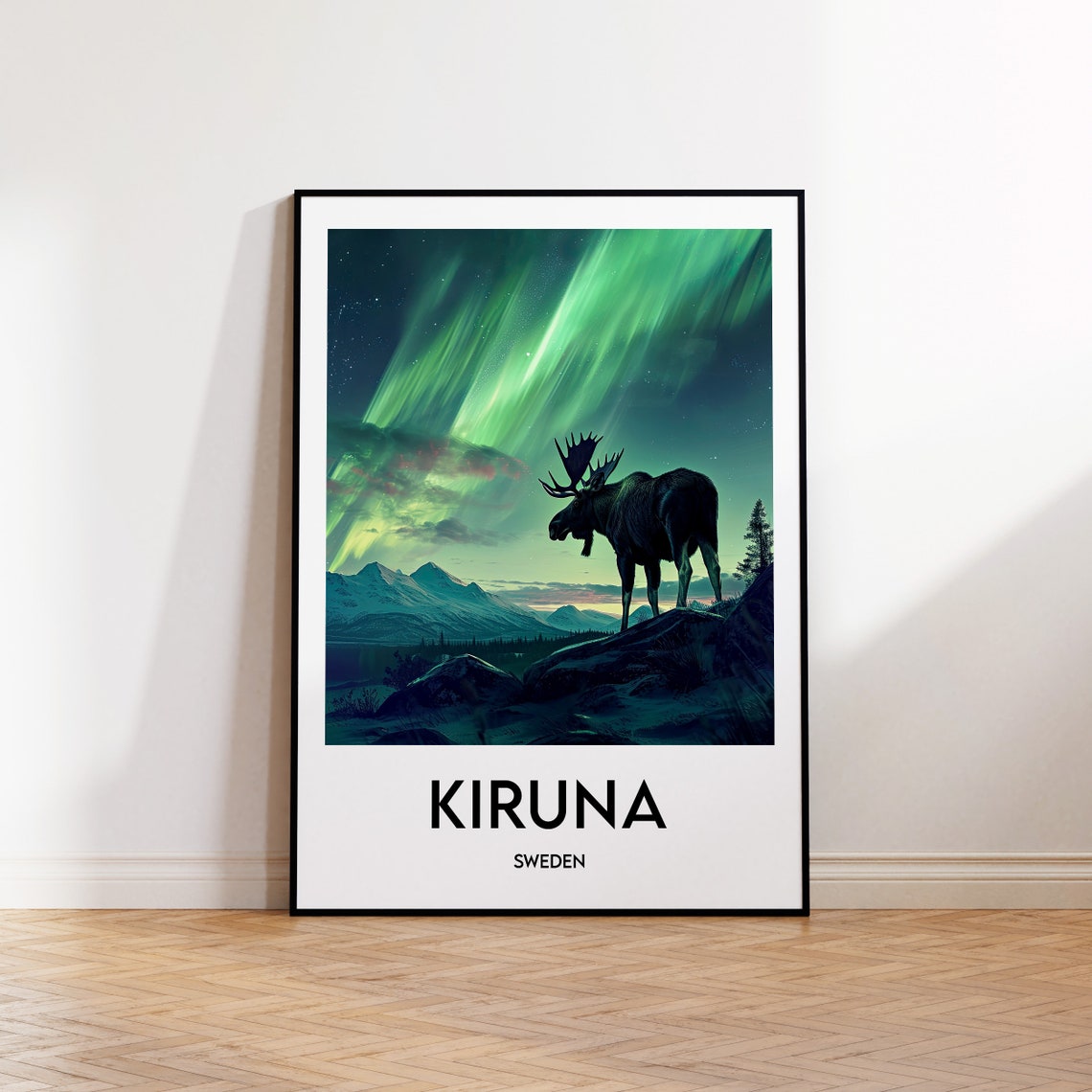 Kiruna Sweden Northern Lights Moose Vintage Style Travel Art Poster
