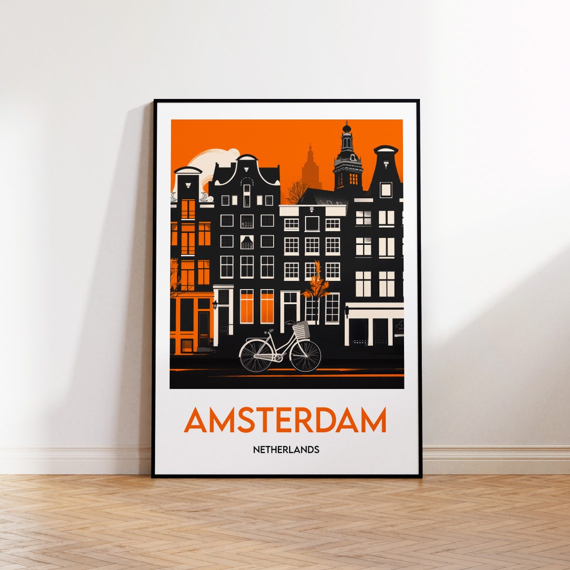 Bold Striking Amsterdam Netherlands Canal Houses Bicycle Travel Poster