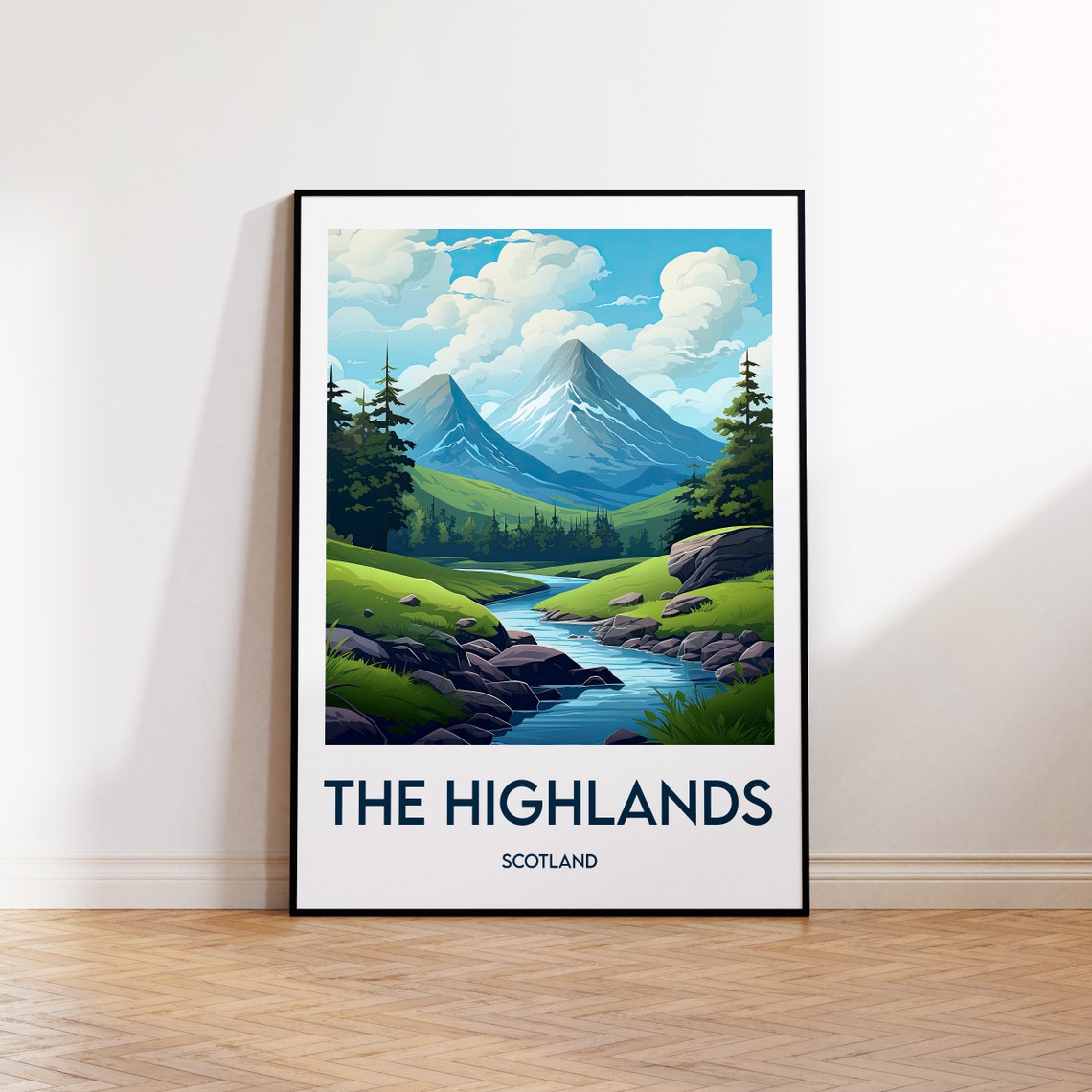 The Highlands Scotland Mountain River Valley Green Travel Poster