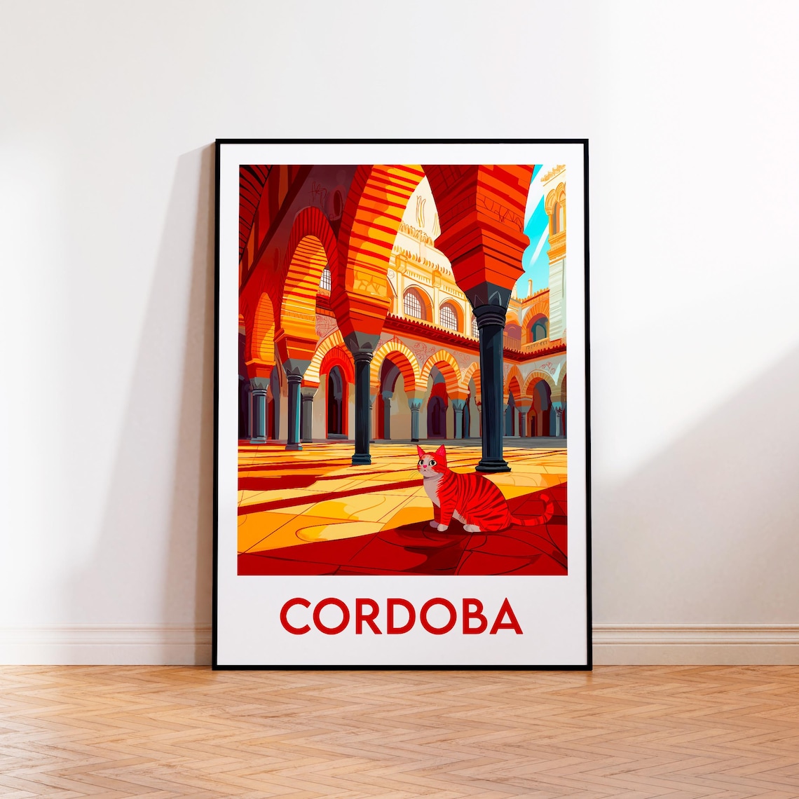 Cordoba Spain Mezquita Cathedral Arches With Orange Cat Travel Poster