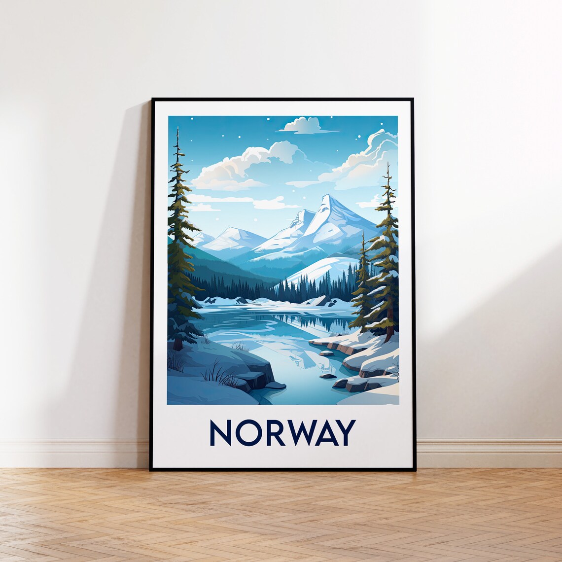 Norway Snowy Mountain Lake Pine Forest Cold Winter Travel Poster