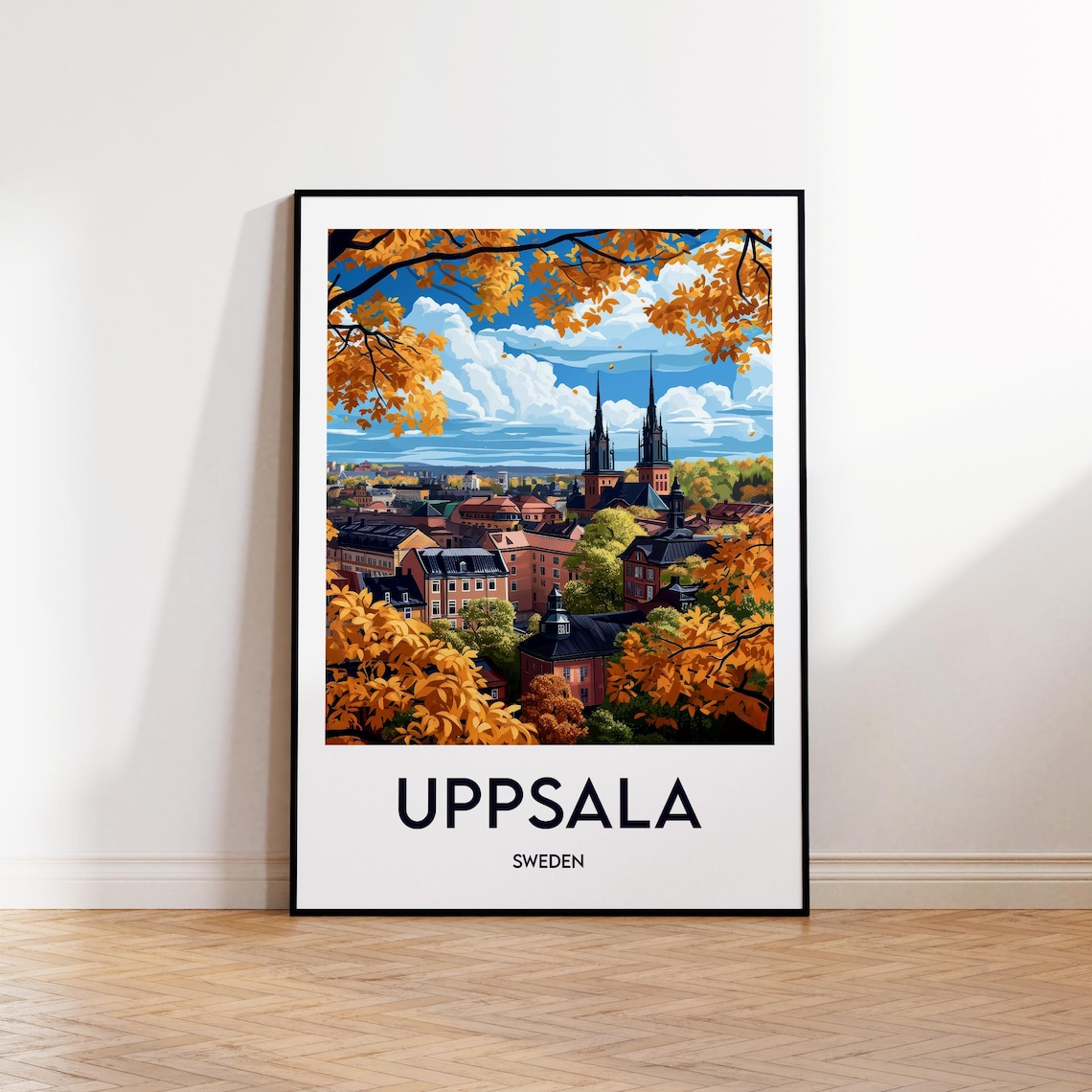 Uppsala Sweden Autumn Cathedral Skyline Vintage Travel Poster