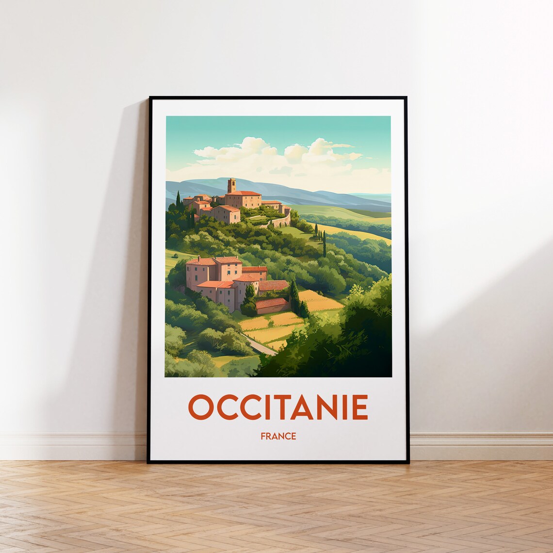Occitanie France Vintage Travel Poster Hilltop Village Illustration