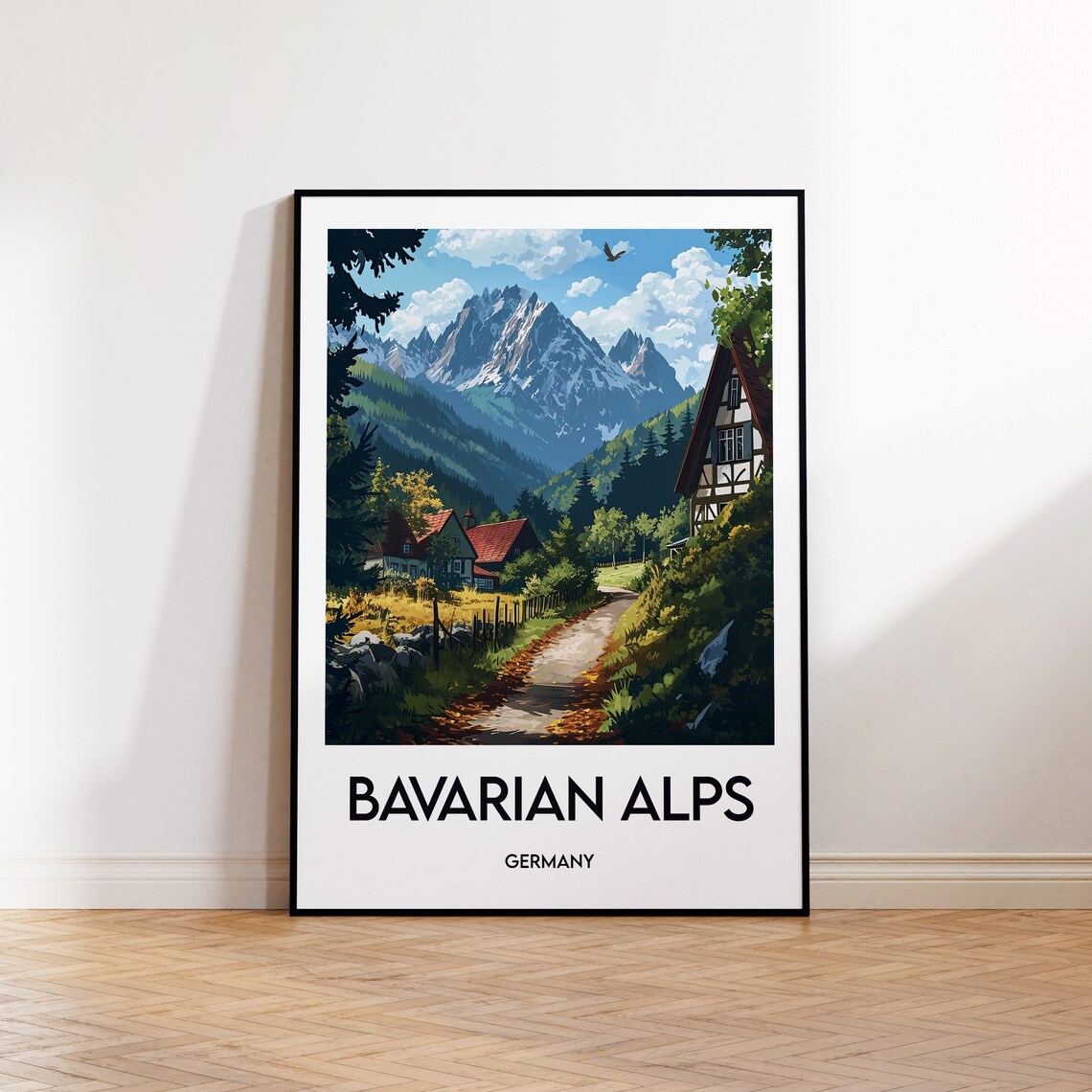 Bavarian Alps Germany Vintage Travel Poster with Alpine Village