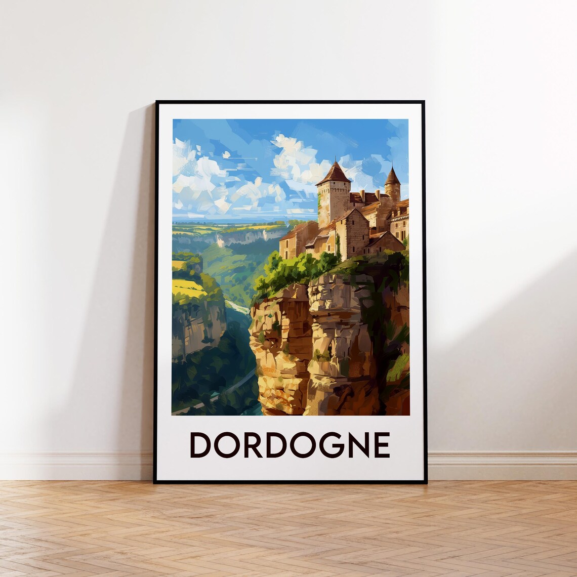 Dordogne France Clifftop Castle Over Valley Scenic Travel Poster