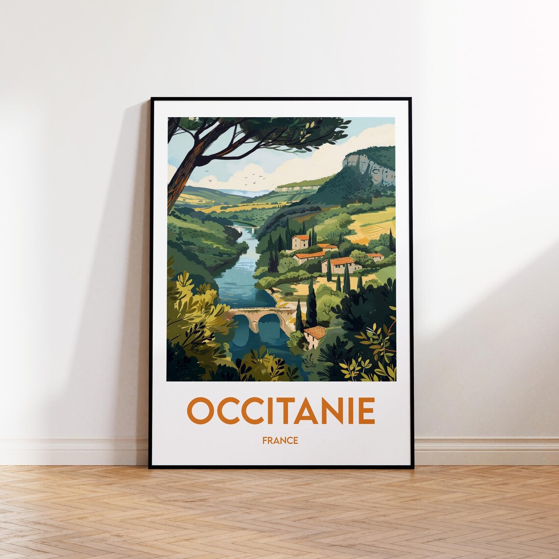 Occitanie France River Valley Village Bridge Vintage Travel Poster