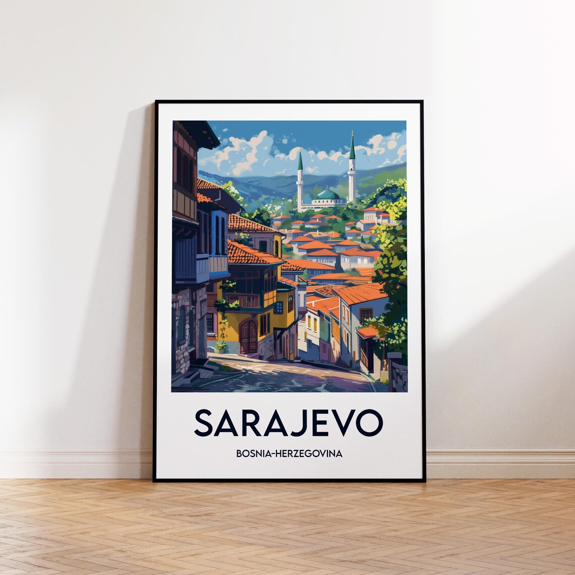 Sarajevo Bosnia Old Town Mosque Street Vintage Travel Poster