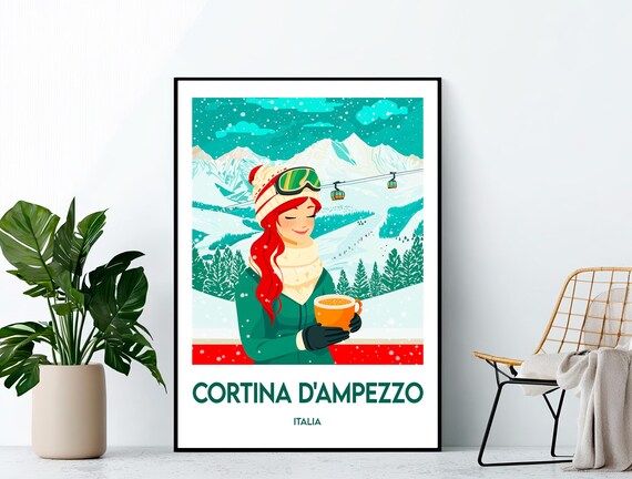 Cortina D'Ampezzo Italia Vintage Ski Resort Poster with Hot Cocoa Skier