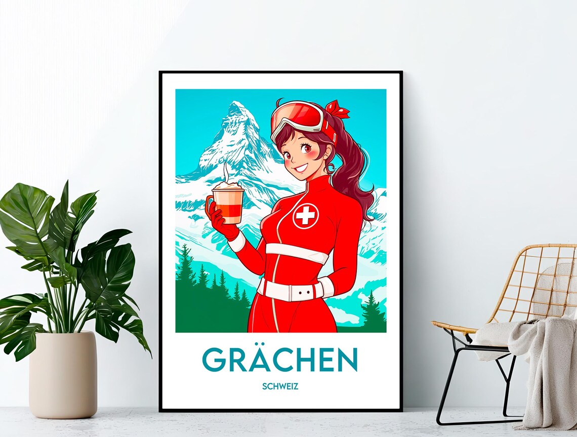 Grachen Schweiz Anime Skier Hot Drink Snowy Peak Travel Poster