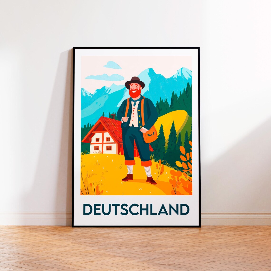 Deutschland Travel Art Bavarian Man Alpine Chalet Mountains Poster