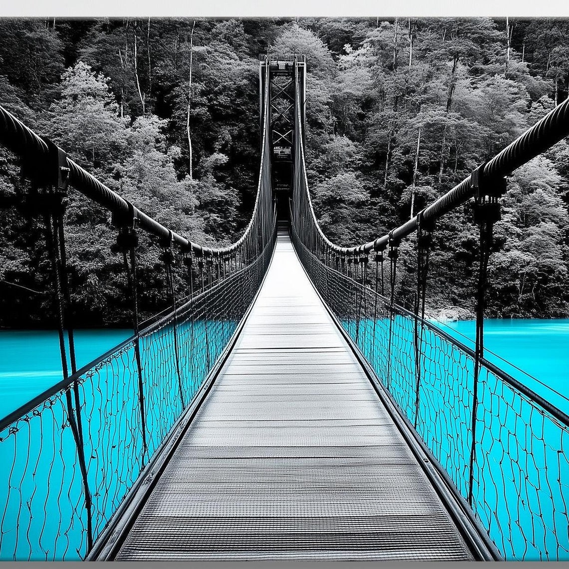 Suspension Bridge Over Turquoise Water Forest Monochrome Travel Poster