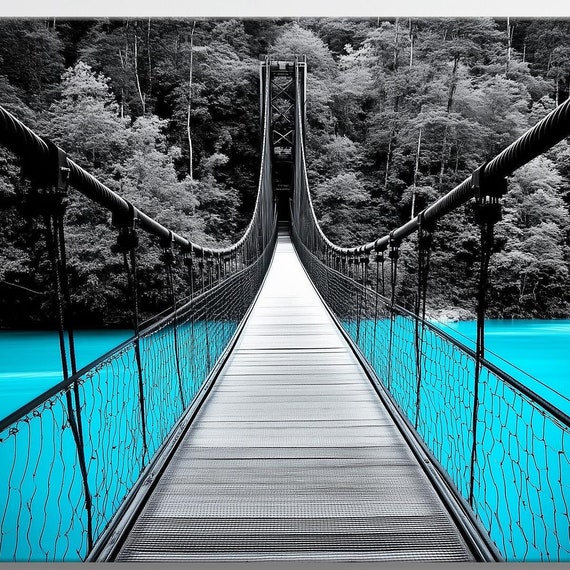 Hanging Bridge Wall Art Modern Landscape Painting Minimalist Forest Art Print Rustic Wall Art For Living Room Nature Wall Decor