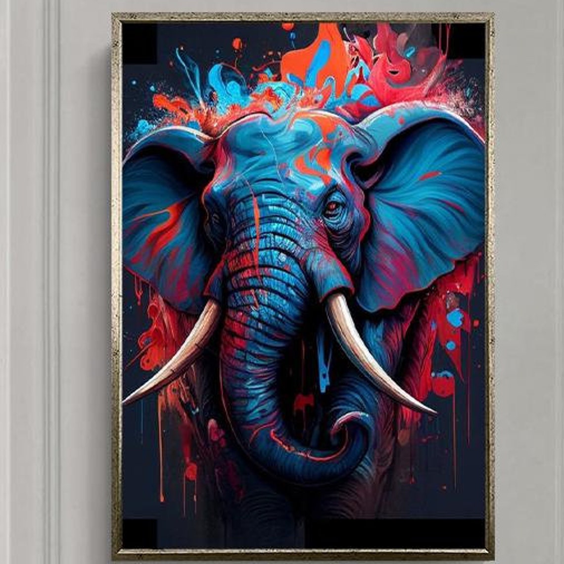 Blue Elephant Head With Red Paint Splashes Abstract Art Poster