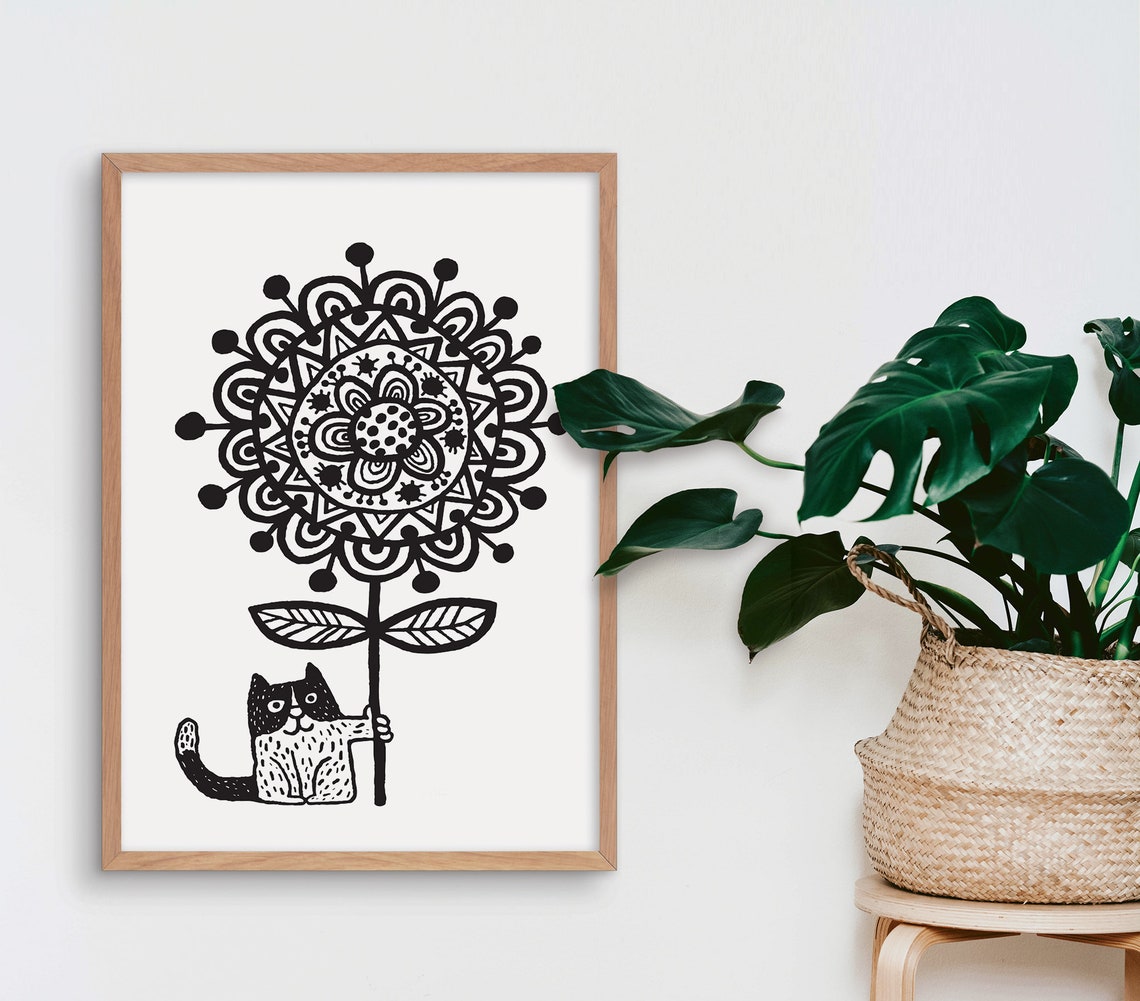Cute Cat Hugging Flower Black and White Doodle Nursery Art Poster - Image 3