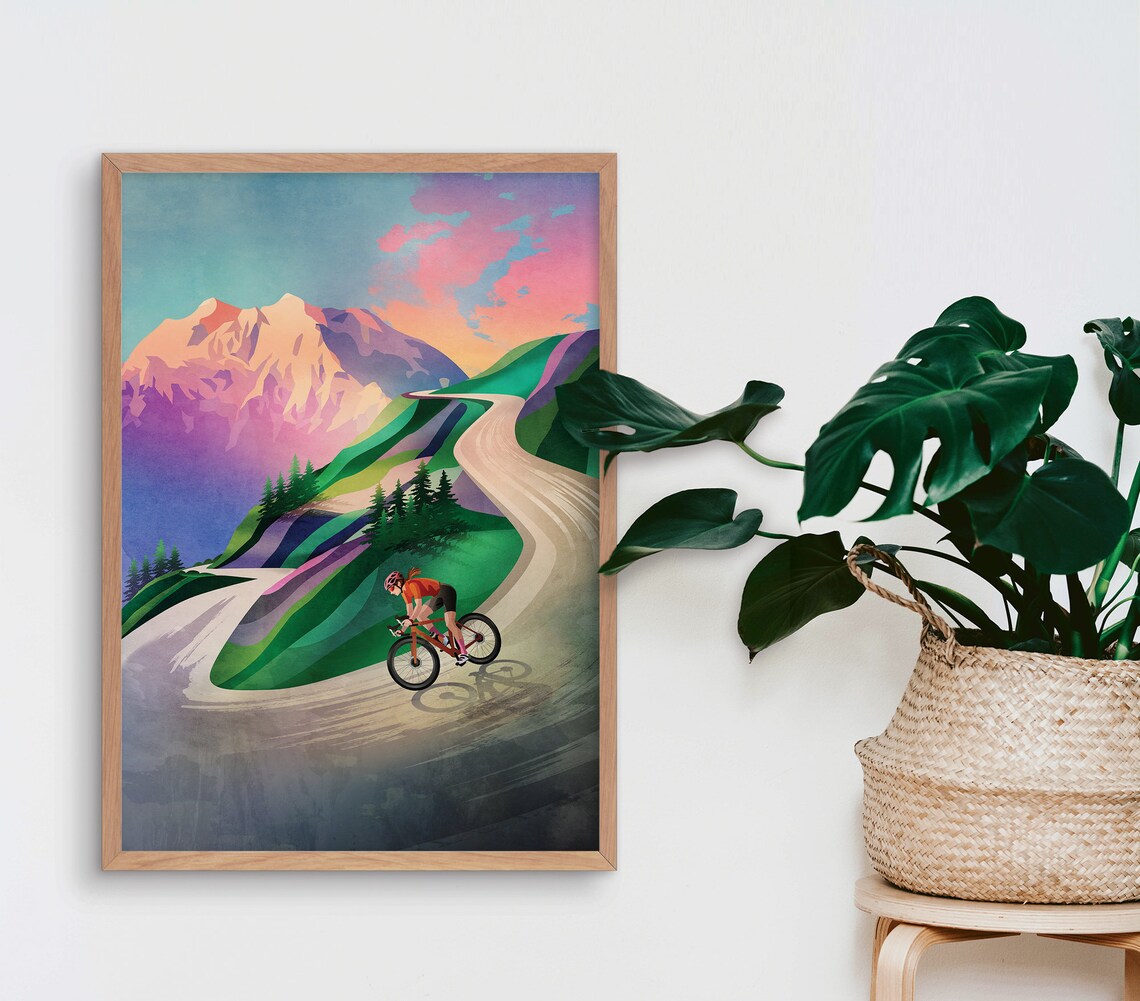 Woman Cyclist Descent at Sunset Art Print - Image 3
