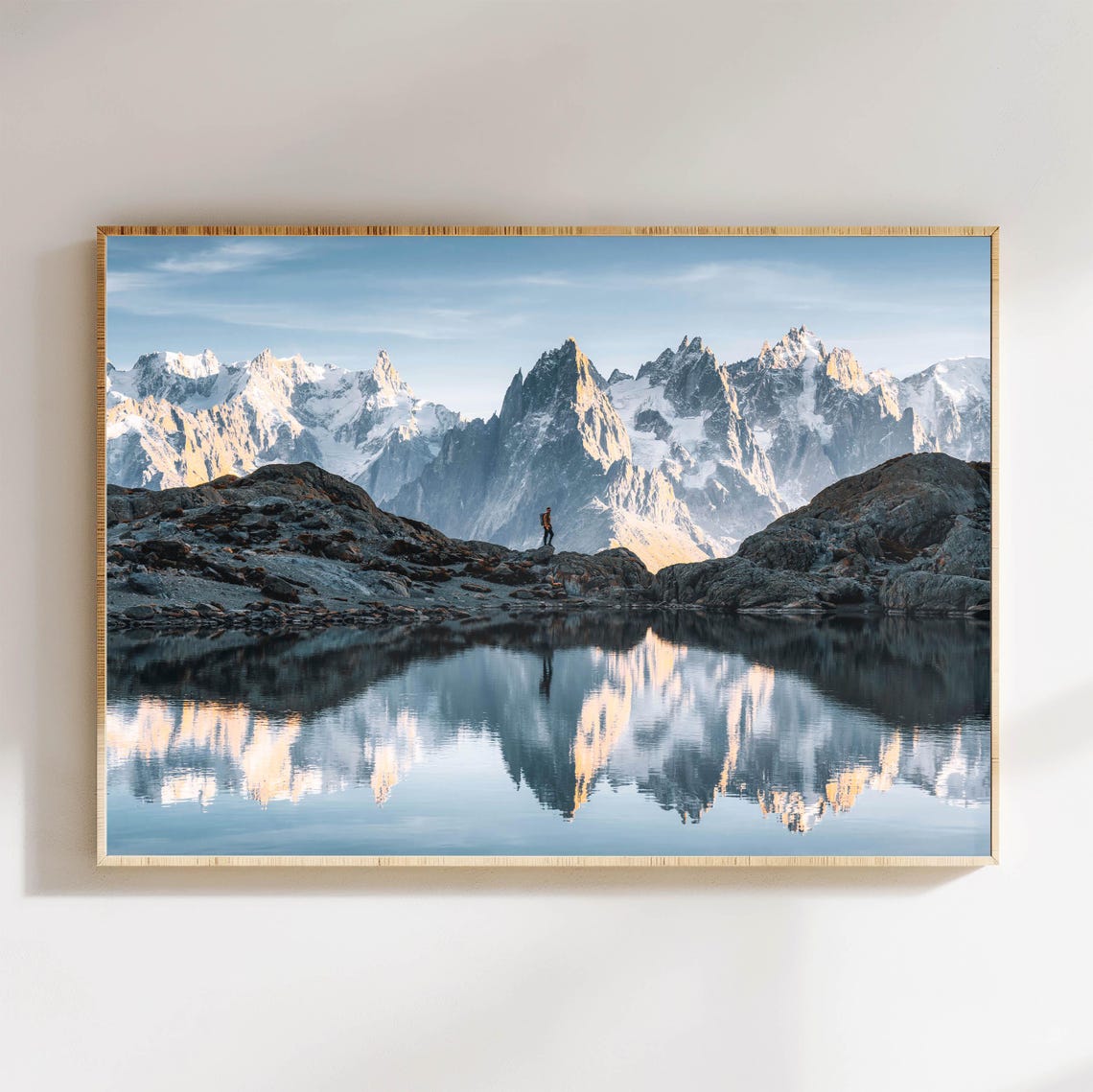 Snowy Alpine Peaks Mirrored in a Calm Mountain Lake Reflection Poster