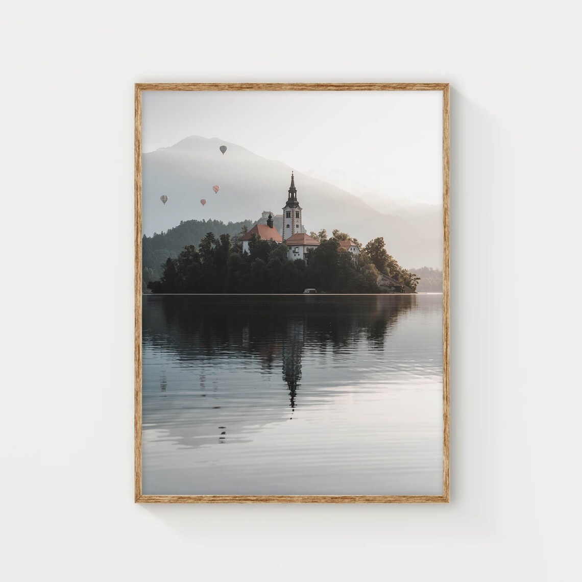 Lake Bled Slovenia Morning Island Church Hot Air Balloons Poster