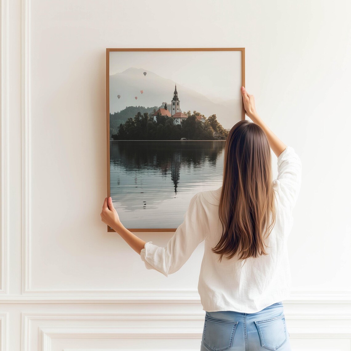 Lake Bled Slovenia Morning Island Church Hot Air Balloons Poster - Image 3