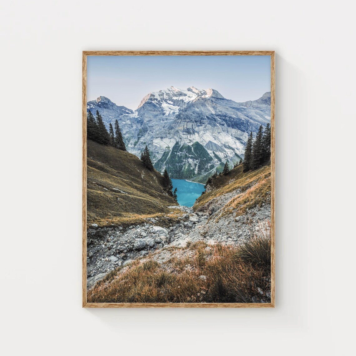 Turquoise Alpine Lake in Valley With Pines Mountain View Poster