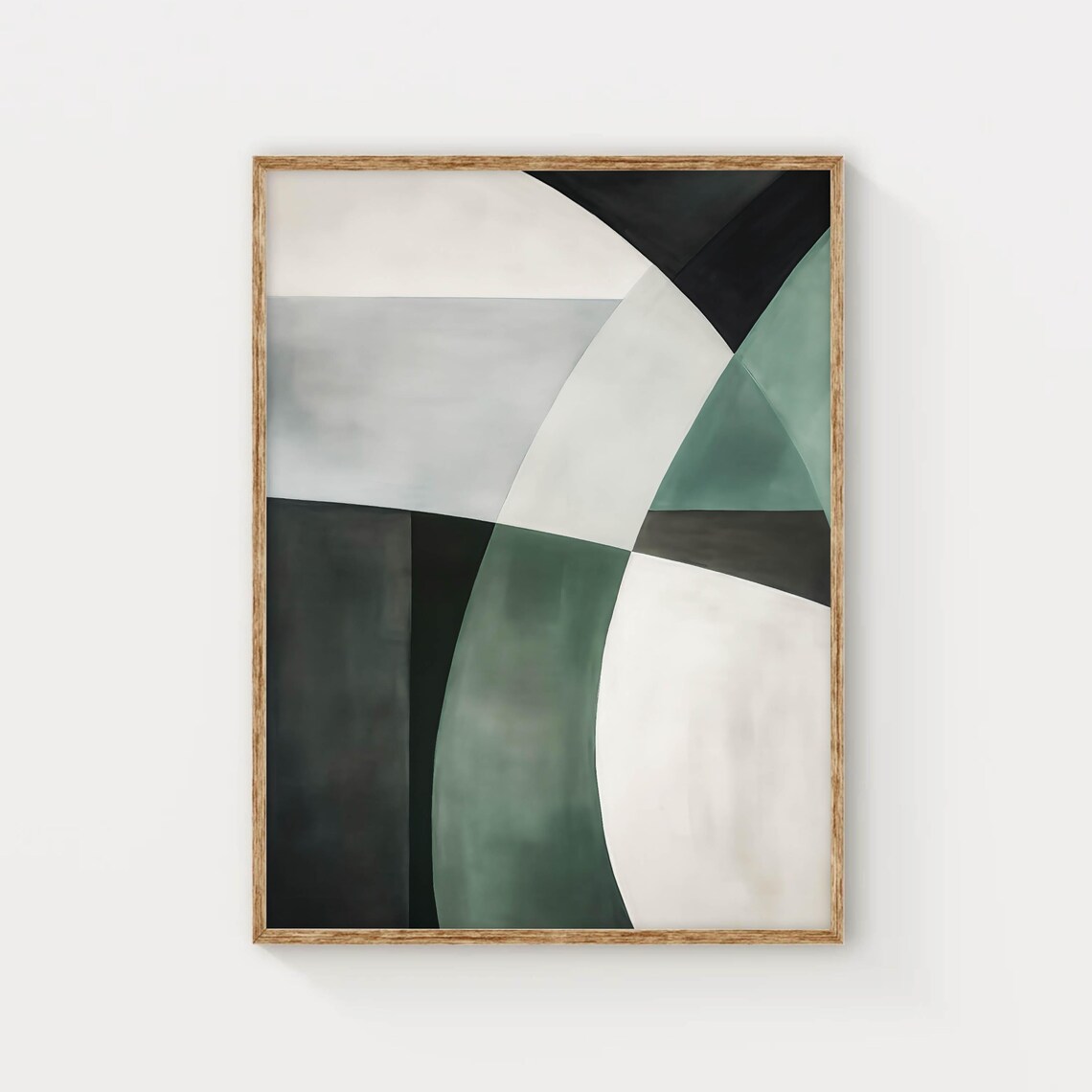 Green Black and White Abstract Geometric Curved Shapes Art Poster