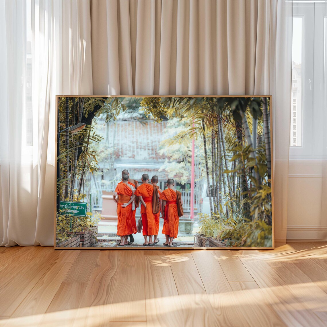 Thai Buddhist Monks Orange Robes Garden Path Cultural Photography Poster - Image 4