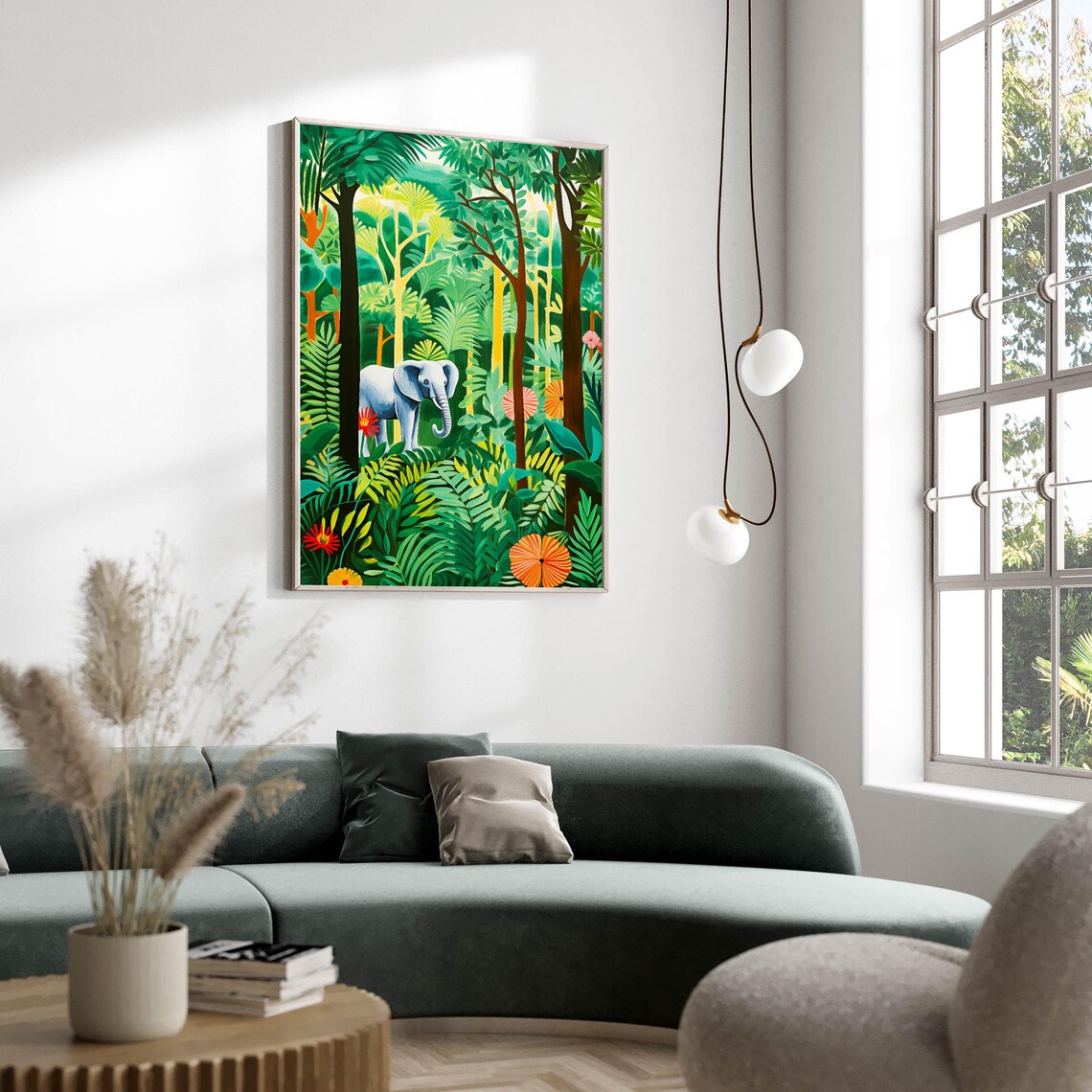 Elephant in Lush Tropical Jungle Forest Colorful Illustration Poster - Image 2