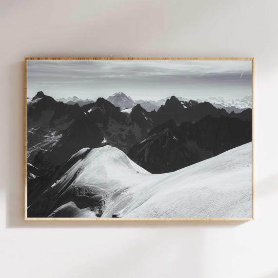 Alpinists In The French Alps Photography Print Chamonix Mountain Wall Art Black And White Alpine Landscape Adventure Home Decor