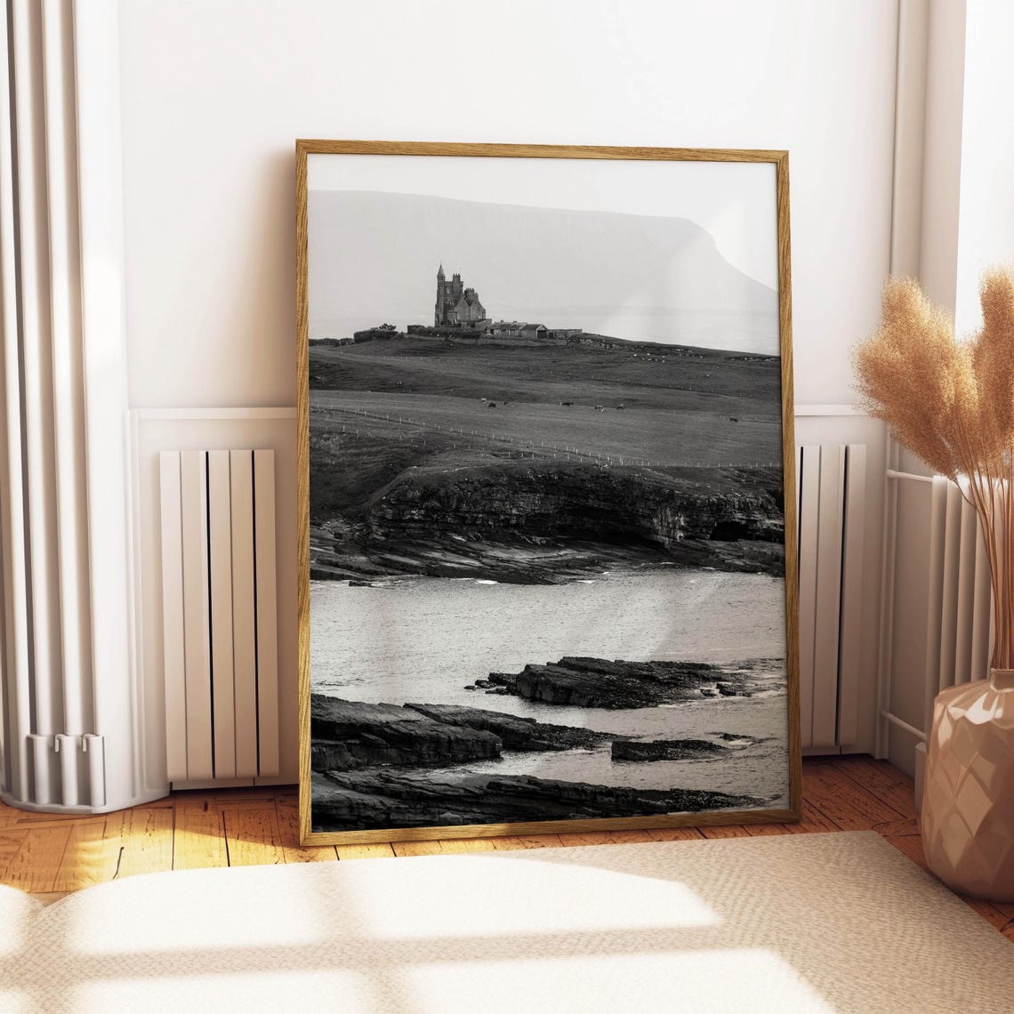Historic Castle on Rugged Headland Black White Coastal Photo Poster - Image 4