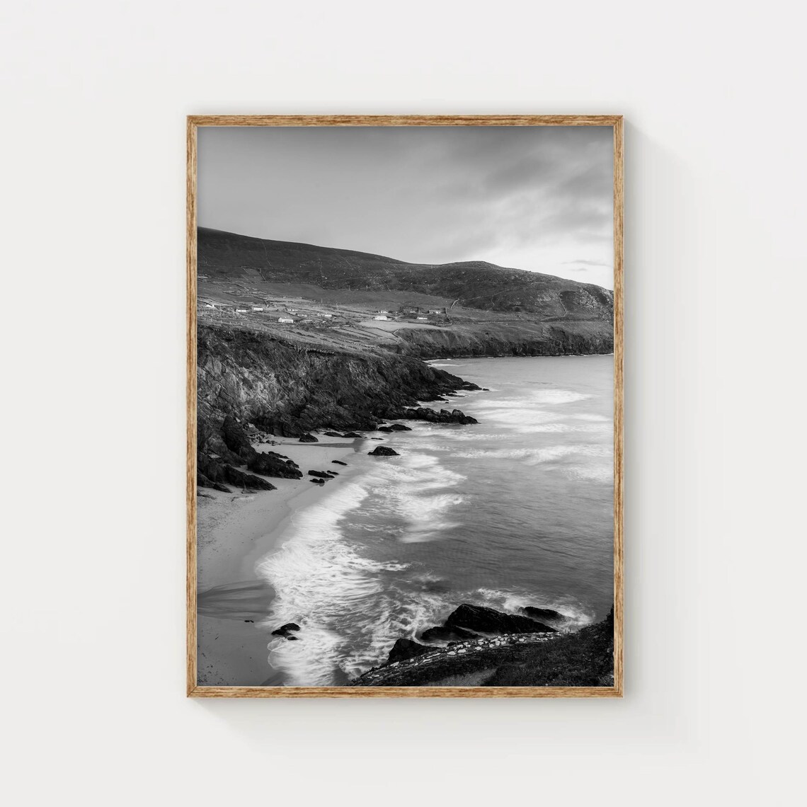 Black and White Rocky Beach Waves Crashing Coastal Photo Poster