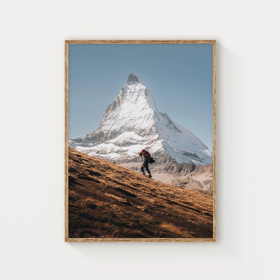 Hiker At Matterhorn Zermatt Swiss Alps Switzerland Mountain Photography Wall Art Print Housewarming Gift Living Room Art