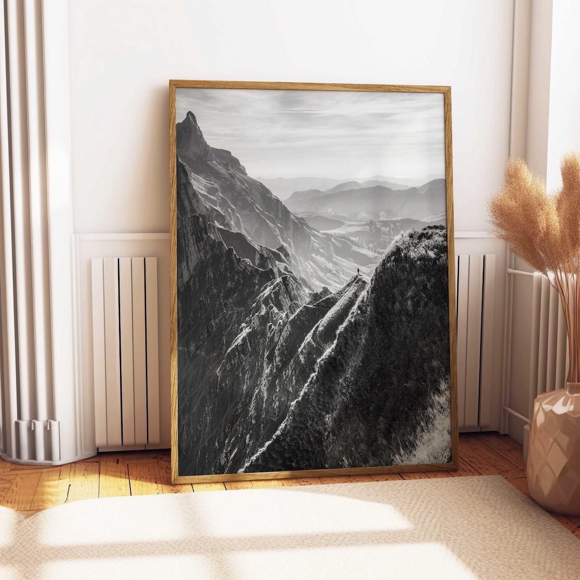 Black and White Swiss Alps Mountain Ridge Hiker Silhouette Poster - Image 4