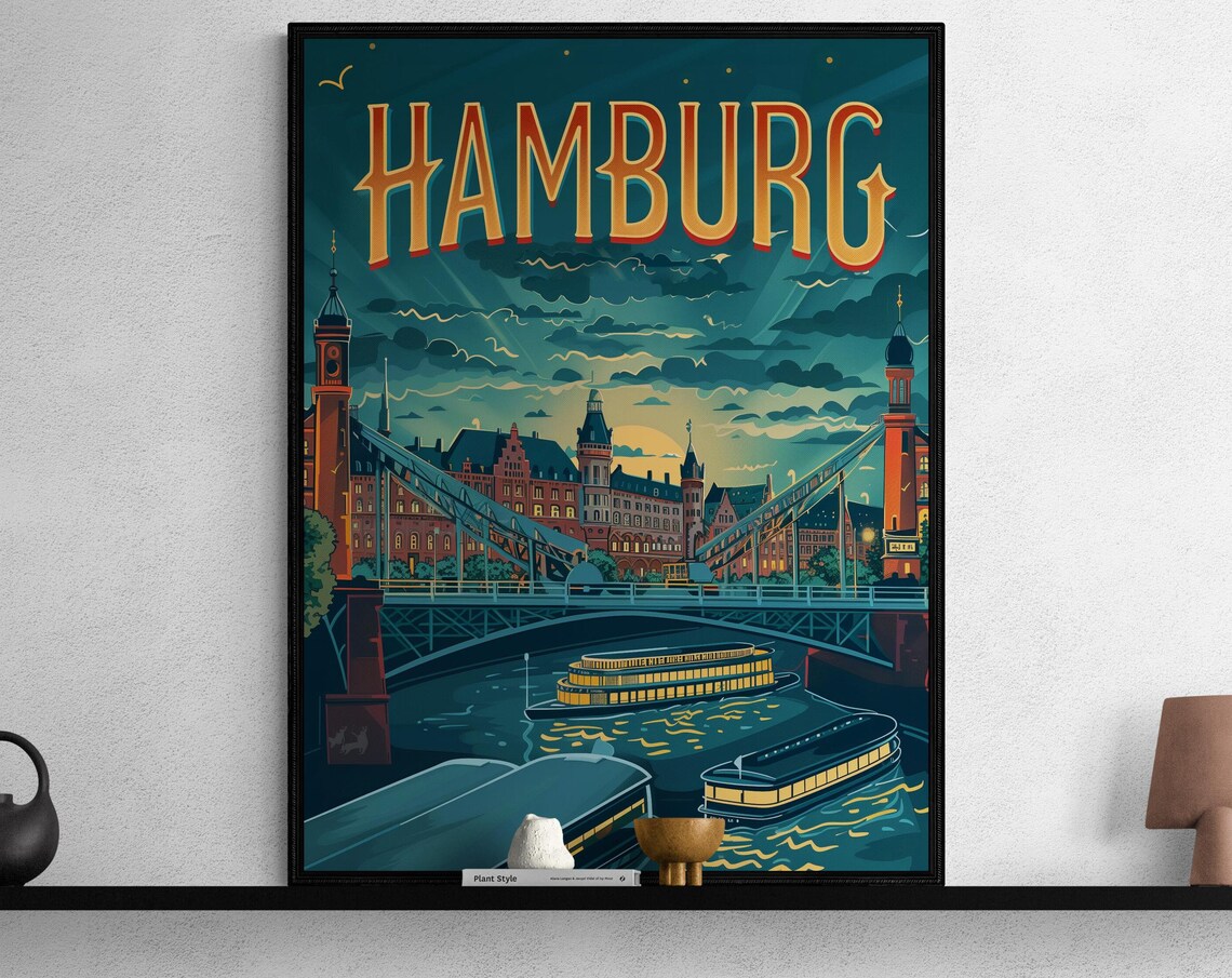 Hamburg Night Harbor Illuminated Boats Bridge Vintage Travel Poster