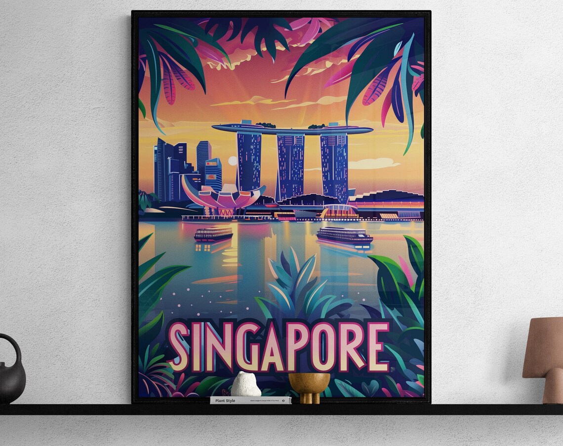 Singapore Marina Bay Tropical Foliage Sunset Travel Poster Art