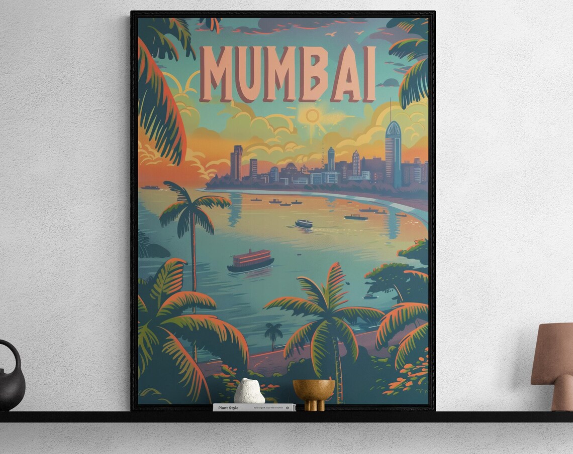 Mumbai India Marine Drive Palm Trees Bay Sunset Vintage Travel Poster