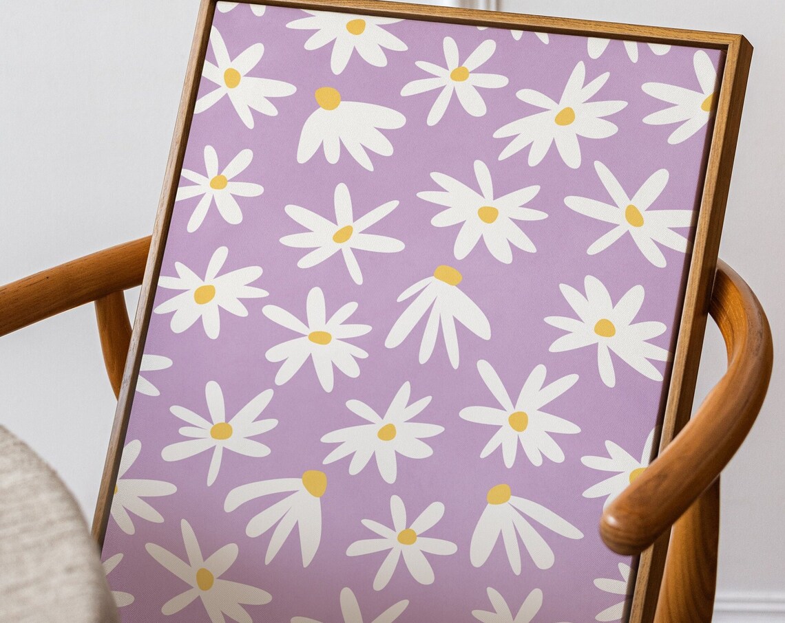 Cheerful White Daisy Flower Pattern on Lilac Retro Floral Wall Art - Image 3