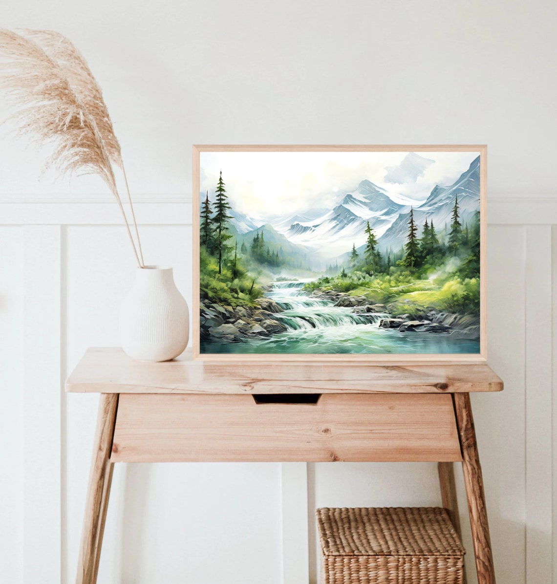 Rushing Mountain River with Rapids and Snowy Peaks Watercolor Poster - Image 4