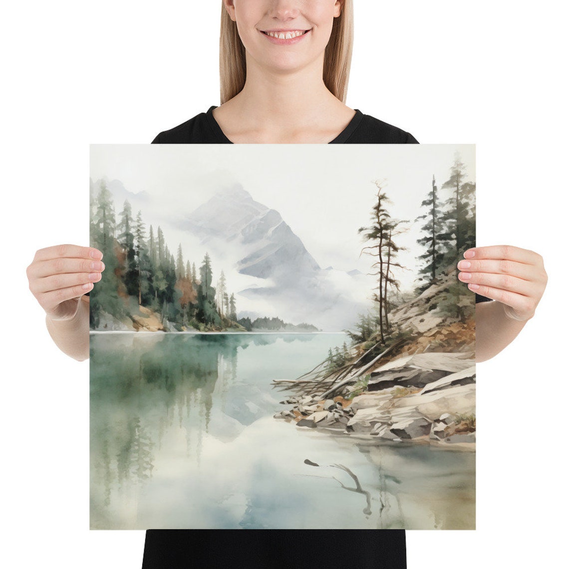 Quiet Mountain Lake Mirror Reflections Evergreens Watercolor Poster - Image 5