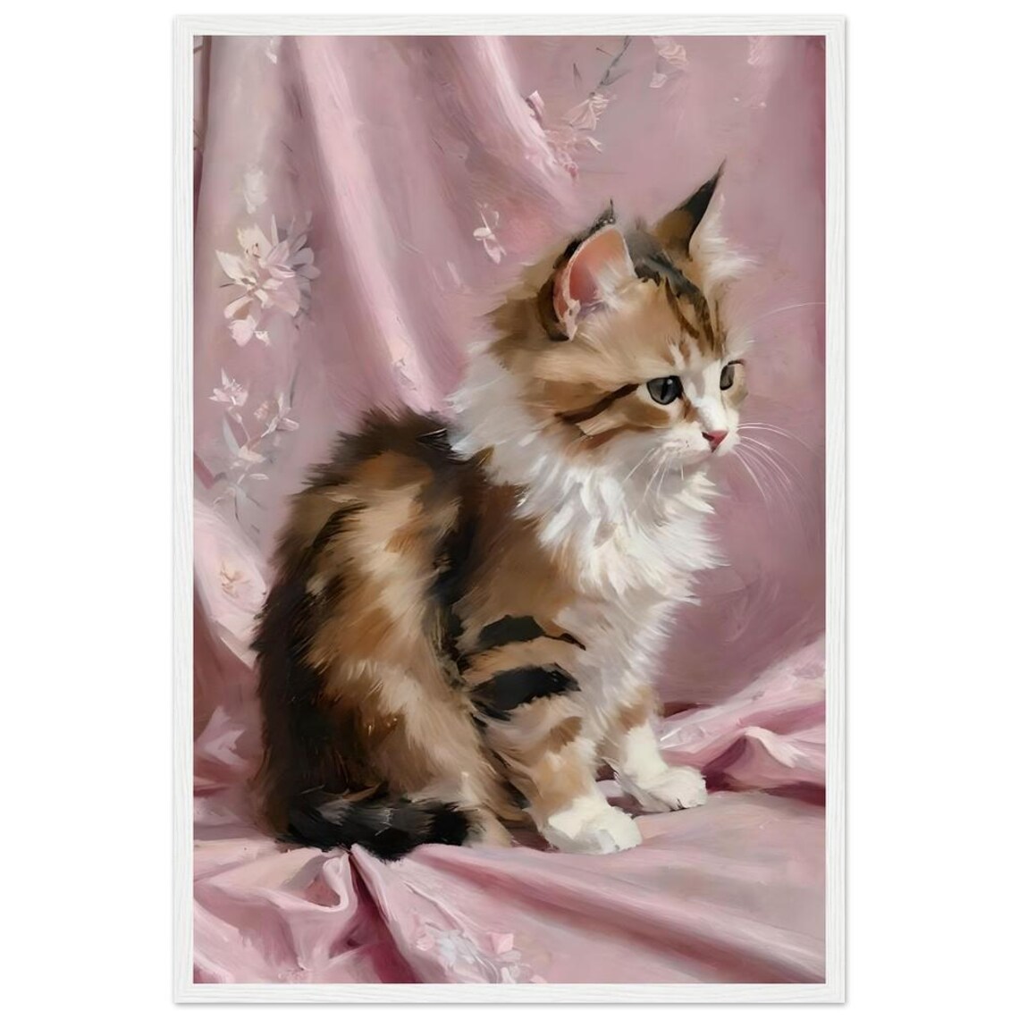 Fluffy Tabby Kitten on Pink Silk Vintage Floral Cat Portrait Poster