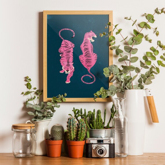 Pink Tiger Duo on Teal Background Mid Century Animal Art Poster