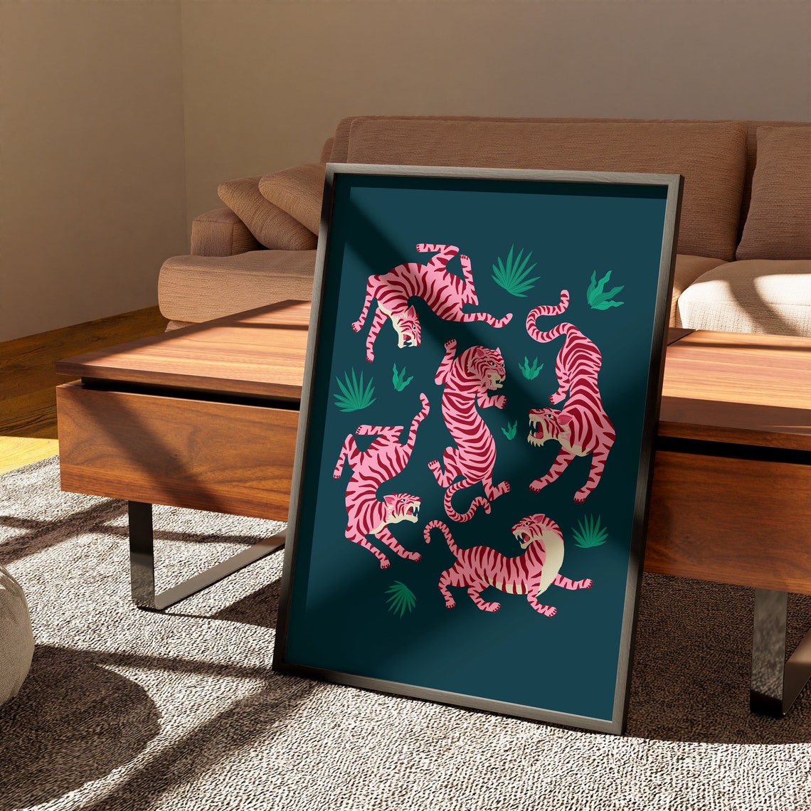 Pink Tiger Pack Night Race Jungle Scene Mid Century Art Poster