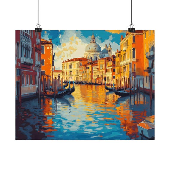 Boats In Venice Poster Print River Landscape Modern Painting Fantasy Nature Rustic Bright Wall Print Airbnb Art Wall Decor