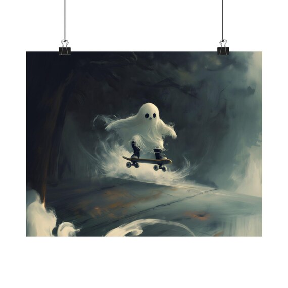 Cute Ghost Skateboard Kickflip Misty Night Street Halloween Art Poster